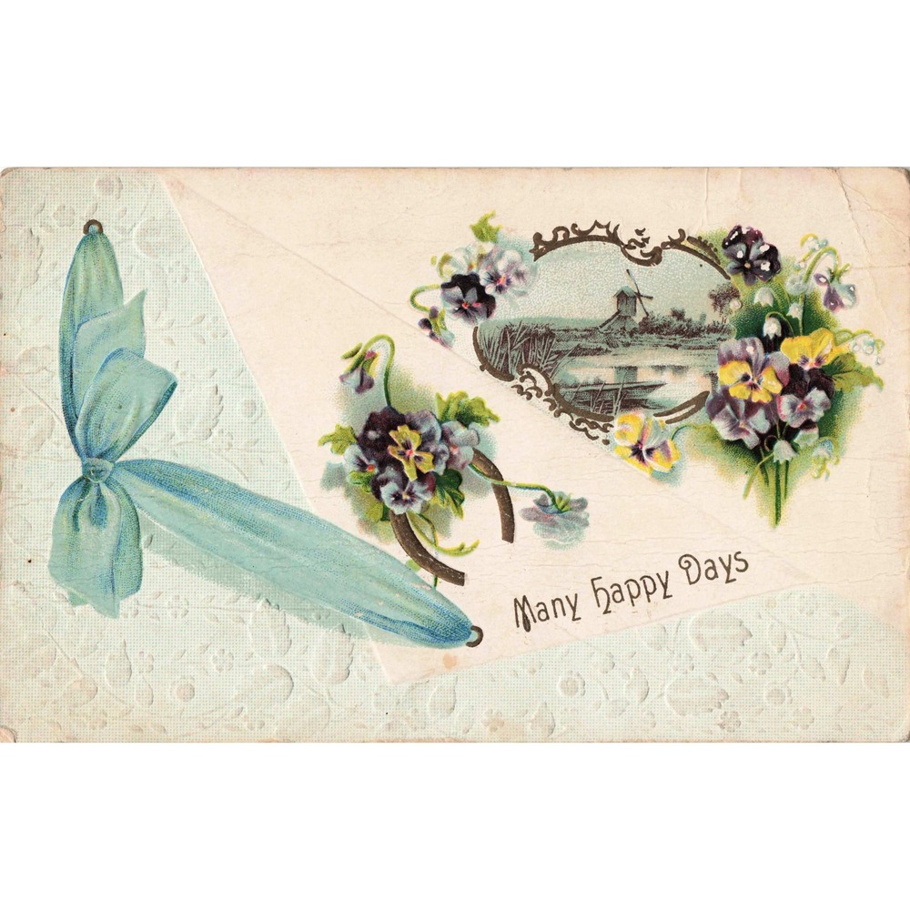 Antique Embossed Postcard Many Happy Days Pansies Windmill Horseshoe Blue Ribbon